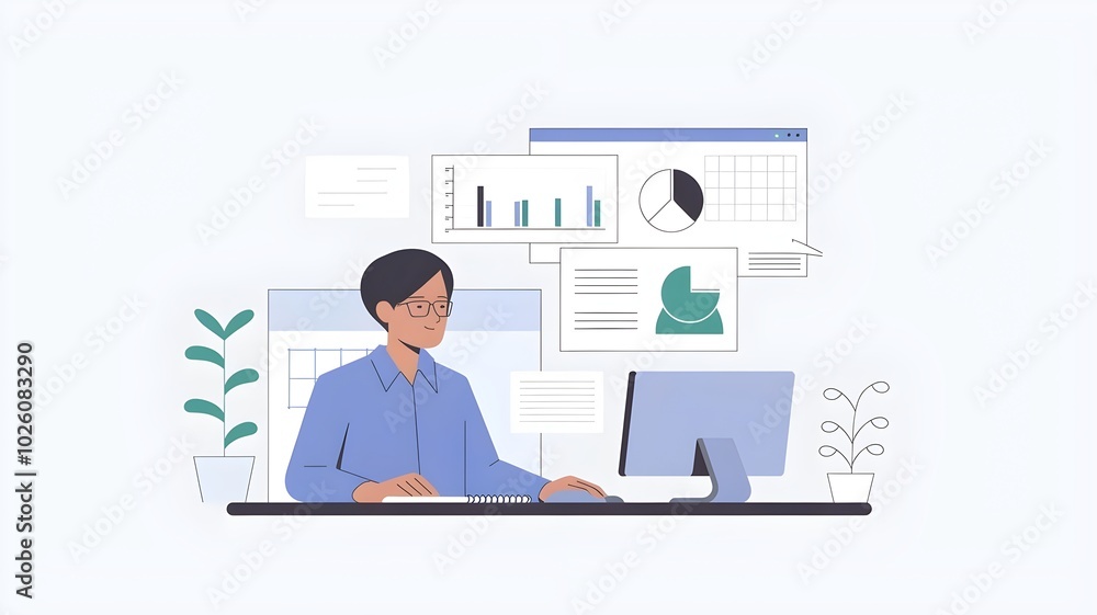 Minimalistic illustration of data analyst with data visualizations on screen, potted plants in the background Minimalistic illustration of data analyst with data visualizations on screen, potted plants in the background