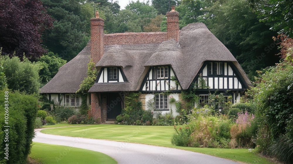 Fototapeta premium Charming Thatched Cottage Surrounded by Lush Greenery