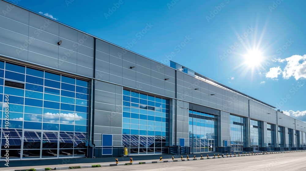 Obraz premium a contemporary industrial warehouse exterior with blue sky and big solar panels, Generative AI.