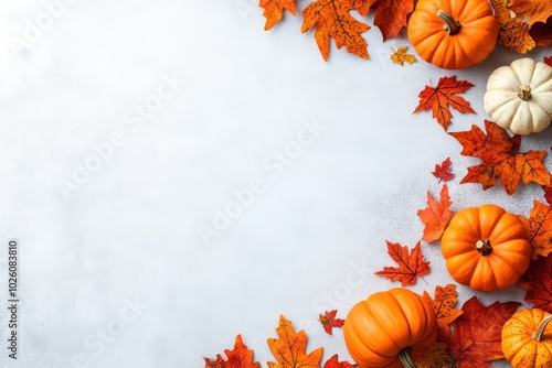 Fall background with orange pumpkins and fall leaves on a light surface 