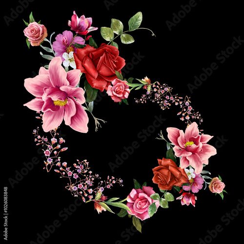 watercolor painting of leaves and flower, on dark background