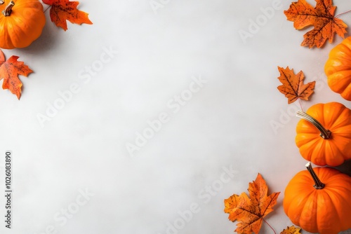 Fall background with orange pumpkins and fall leaves on a light surface