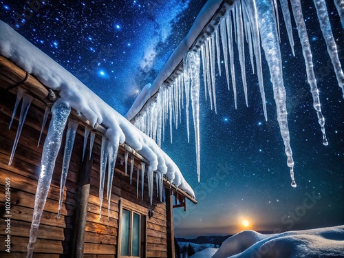 Stunning Night Photography of Pointed Icicles Under a Clear Sky in Winter