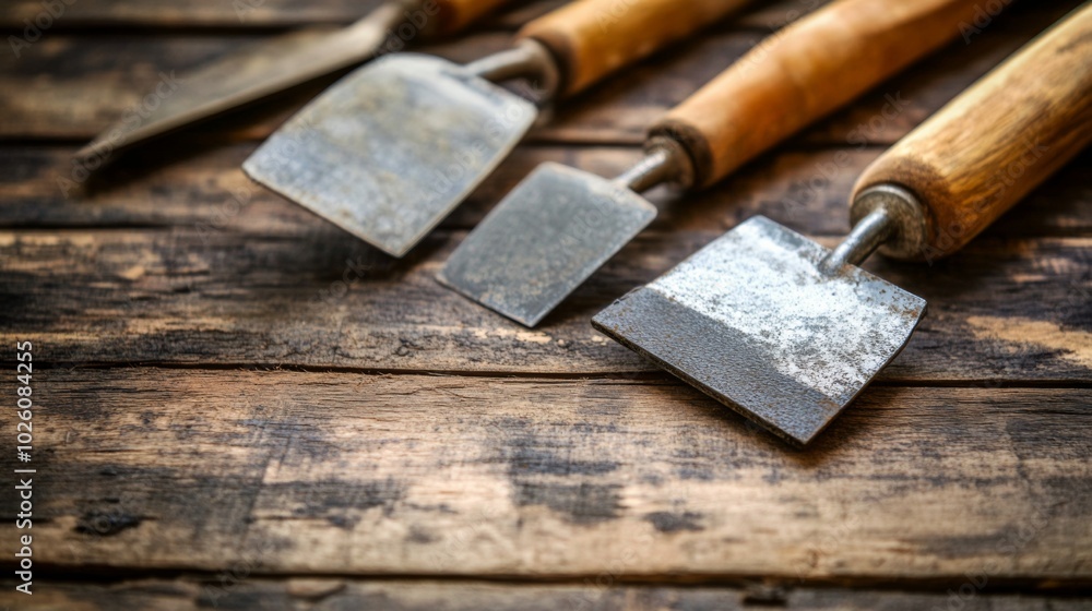 Antique Wood Scrapers on Rustic Wood Background Antique Wood Scrapers on Rustic Wood Background
