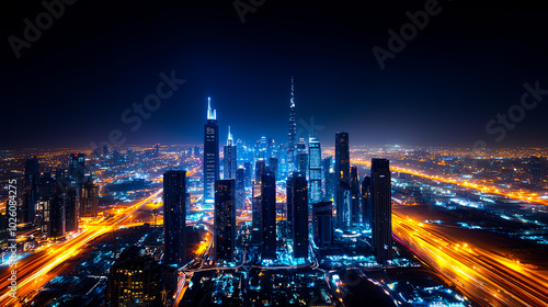 Wallpaper Mural Aerial view of a modern city skyline illuminated by vibrant lights against a night sky, showcasing urban development and architecture. Torontodigital.ca