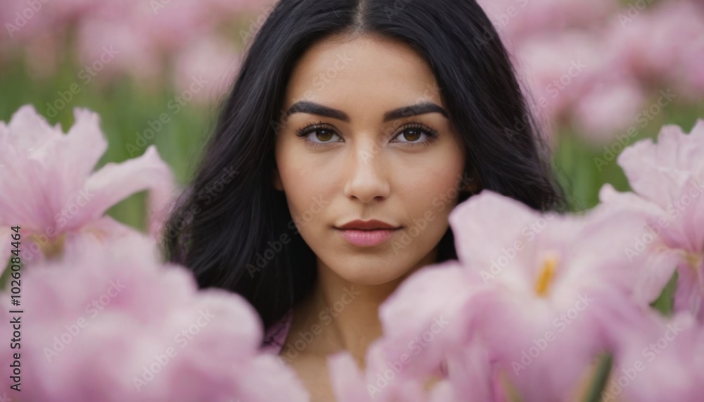 Beautiful women in a field of pink tulips, surrounded by vibrant flowers, showcasing natural beauty and serene elegance. Beautiful women in a field of pink tulips, surrounded by vibrant flowers, showcasing natural beauty and serene elegance.