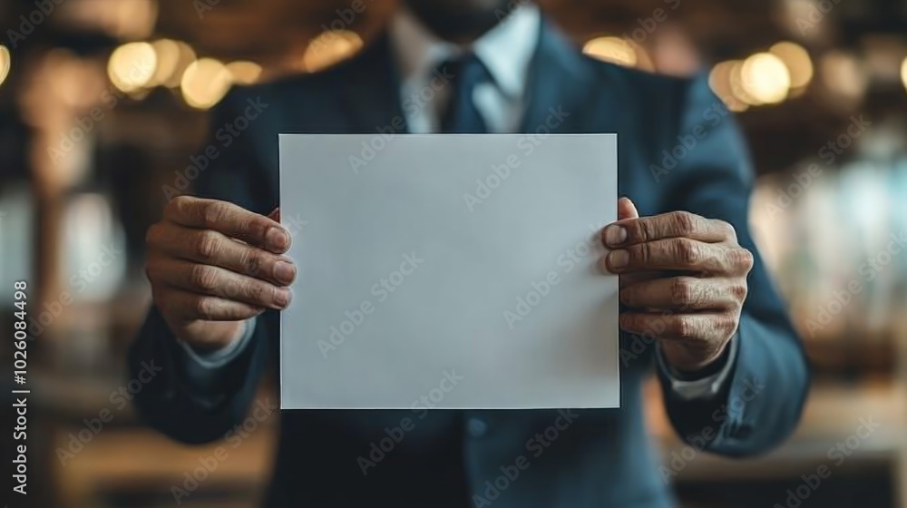 A businessman in a suit holds a blank white card in front of him, standing in a dimly lit room. A businessman in a suit holds a blank white card in front of him, standing in a dimly lit room.