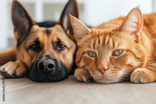 A German shepherd and ginger cat are lying together on the floor, portraying a serene scene of friendship and companionship between a dog and a cat.