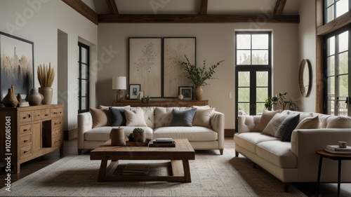 Wallpaper Mural A spacious living room with large windows, a white sofa, a wooden coffee table, and a beige rug. Torontodigital.ca