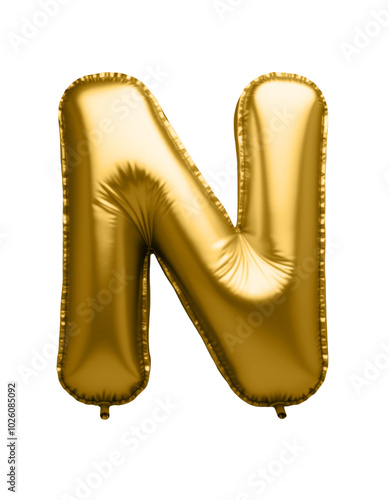 Golden foil balloon shaped as the letter 'N' with a shiny surface, perfect for party decorations, celebrations, or creating custom messages. Transparent background for easy use photo