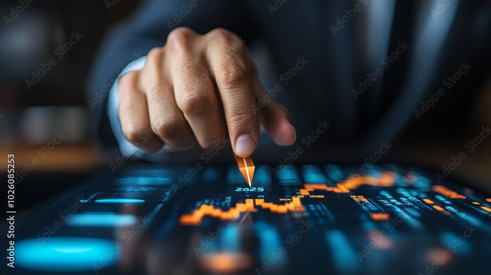 A businessman's hand points at a digital tablet screen displaying a graph and data, signifying business analysis and success. A businessman's hand points at a digital tablet screen displaying a graph and data, signifying business analysis and success.