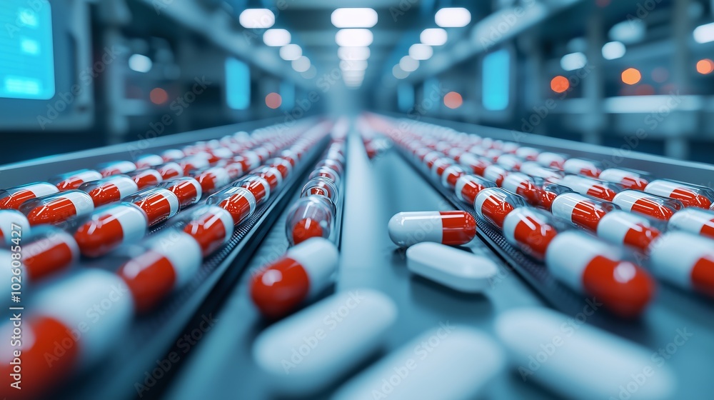 Fototapeta premium Pharmaceutical Production Line with Red and White Capsules