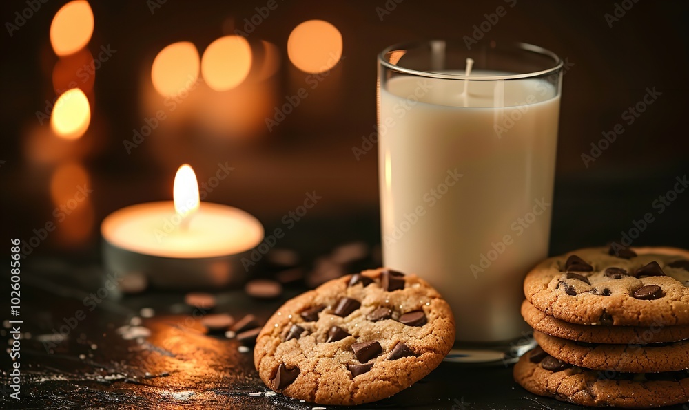 A glass of milk and a stack of cookies are placed next to each other on a dimly illuminated surface with a black backdrop, Generative AI. A glass of milk and a stack of cookies are placed next to each other on a dimly illuminated surface with a black backdrop, Generative AI.