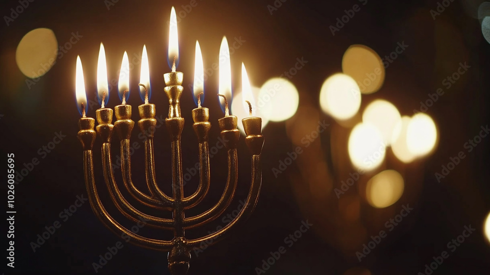 Fototapeta premium Celebrating Hanukkah with a lit menorah, surrounded by warm candlelight during the festival