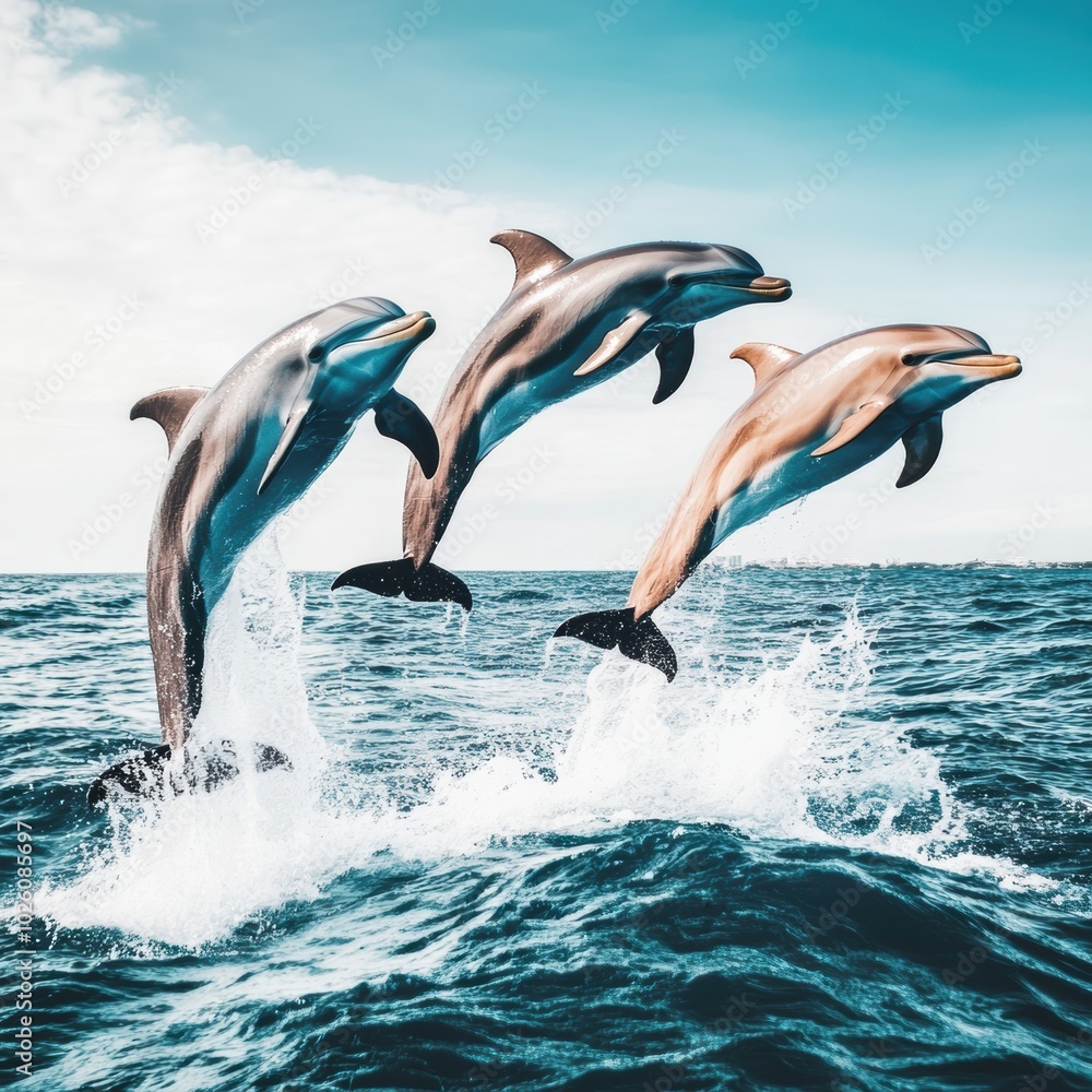 Fototapeta premium Dolphins Jumping Out of the Ocean in Bright Blue Waters
