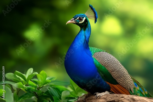 Wallpaper Mural Majestic Peacock Portrait, Vibrant Blue and Green Plumage, Lush Green Background, Exotic Wildlife Photography Torontodigital.ca