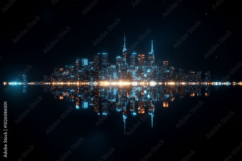 A stunning nighttime city skyline perfectly reflected in calm waters, creating a scene of glowing city lights contrasted against the dark night sky. A stunning nighttime city skyline perfectly reflected in calm waters, creating a scene of glowing city lights contrasted against the dark night sky.
