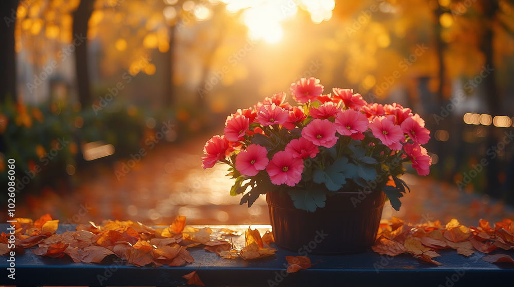 Serene Autumn Balcony with Pink Carnations at Golden Hour Serene Autumn Balcony with Pink Carnations at Golden Hour