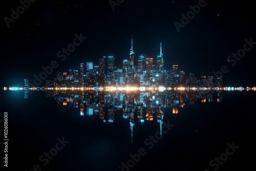 A stunning nighttime city skyline perfectly reflected in calm waters, creating a scene of glowing city lights contrasted against the dark night sky. photo