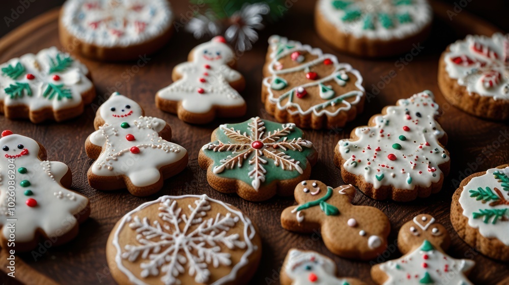 A close-up shot of a variety of Christmas cookies on a wooden cutting board, including snowmen, Christmas trees, snowflakes and gingerbread people. A close-up shot of a variety of Christmas cookies on a wooden cutting board, including snowmen, Christmas trees, snowflakes and gingerbread people.