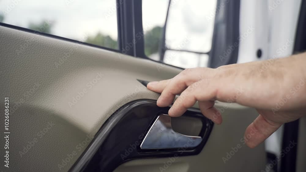 A driver illustrates how to operate the side window lifts in a minibus, showcasing the user-friendly buttons. The setting is casual, highlighting everyday functionality while on the move. A driver illustrates how to operate the side window lifts in a minibus, showcasing the user-friendly buttons. The setting is casual, highlighting everyday functionality while on the move.