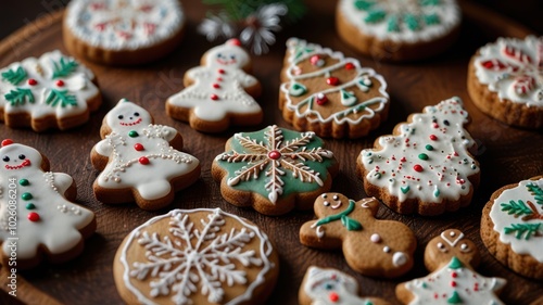 A close-up shot of a variety of Christmas cookies on a wooden cutting board, including snowmen, Christmas trees, snowflakes and gingerbread people.