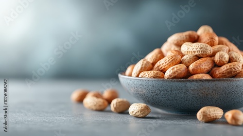 A rustic bowl filled with unshelled peanuts placed on a textured gray surface, highlighting the earthy tones and natural textures of the nuts in a serene setting. photo