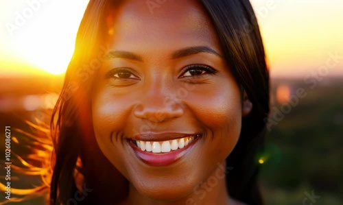 Joyful Dominican Woman Smiling at Sunset