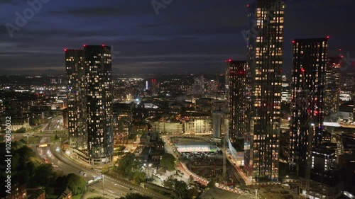 Wallpaper Mural Aerial video of Deansgate high-rises in Manchester at Dusk.  Torontodigital.ca
