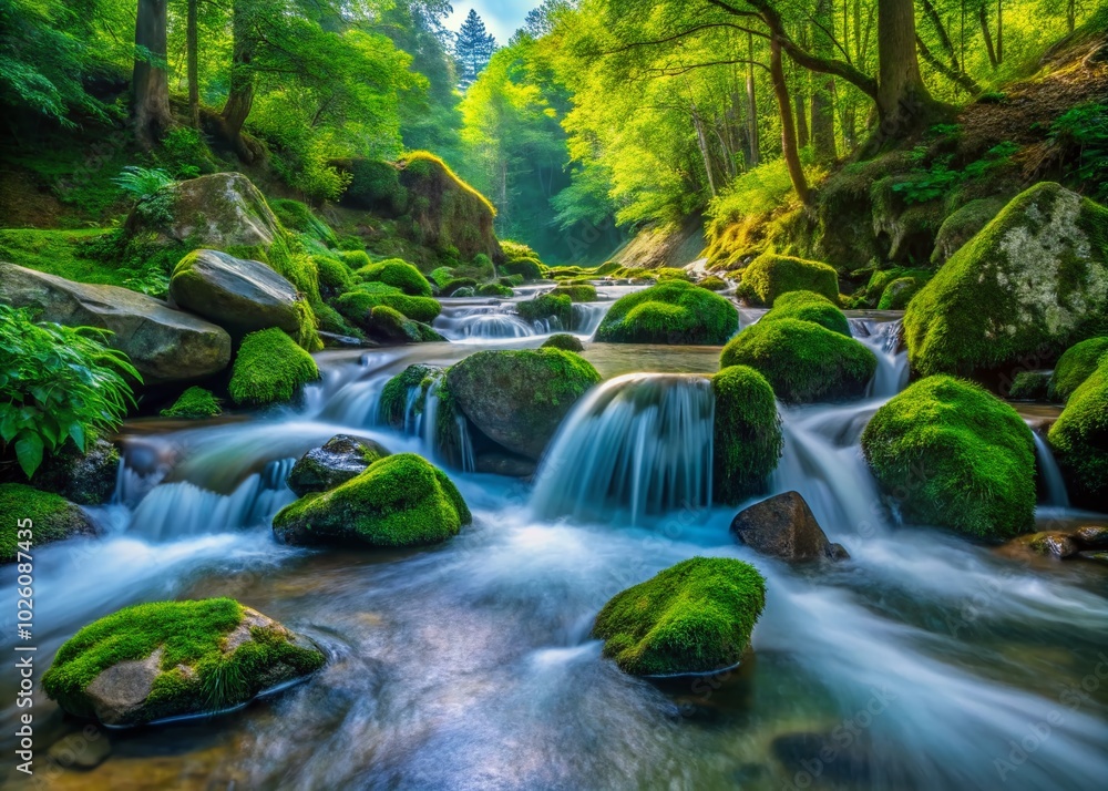 Refreshing Spring Water in Nature's Beauty - Crystal Clear Water Flowing Through Vibrant Greenery and Rocks Refreshing Spring Water in Nature's Beauty - Crystal Clear Water Flowing Through Vibrant Greenery and Rocks