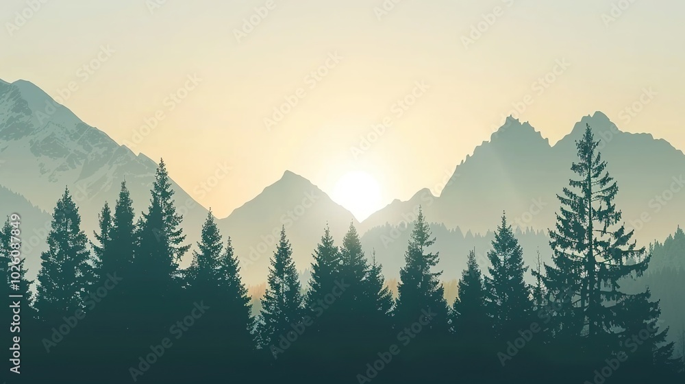 Fototapeta premium Realistic mountains landscape. Morning wood panorama, pine trees and mountains silhouettes. Vector forest hiking background