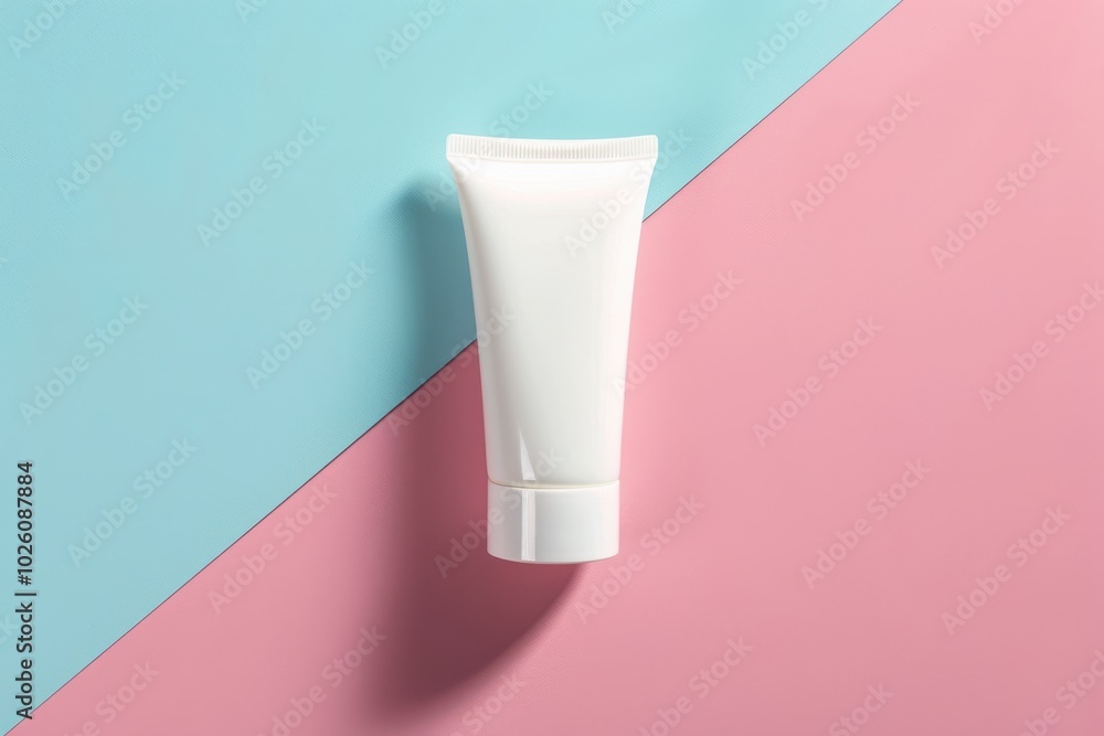 Skincare product on a pastel background with pink and blue hues Skincare product on a pastel background with pink and blue hues