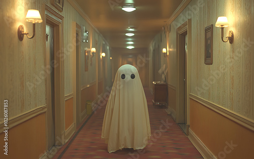 Adorable Sheet Ghost in Vintage Hotel Corridor