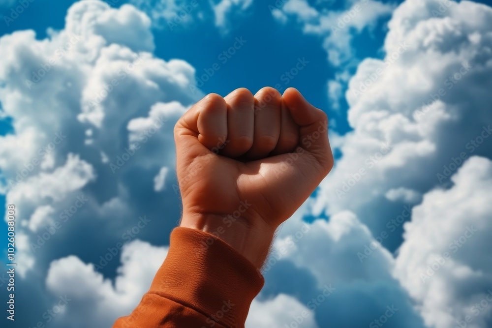 Strong Fist Raised Against Blue Sky with Clouds, Symbol of Strength, Empowerment and Determination Strong Fist Raised Against Blue Sky with Clouds, Symbol of Strength, Empowerment and Determination