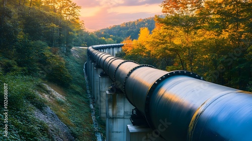 A series of black pipes are surrounded by green plants. The pipes are arranged in a way that they look like they are growing out of the ground. The plants are thriving in the unusual environment