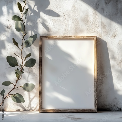 A rustic setup featuring a blank frame and eucalyptus branch against sunlit wall, delivering warm, natural vibes and tranquility. photo