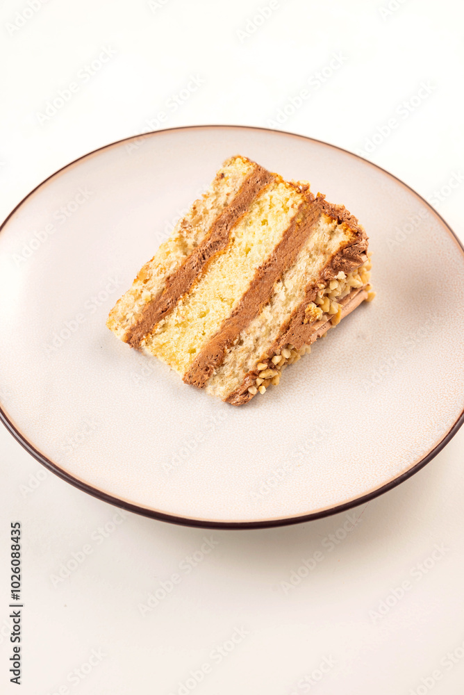 A delicious slice of layered cake with chocolate and cream. Perfect for food blogs, recipes and bakery marketing. A delicious slice of layered cake with chocolate and cream. Perfect for food blogs, recipes and bakery marketing.