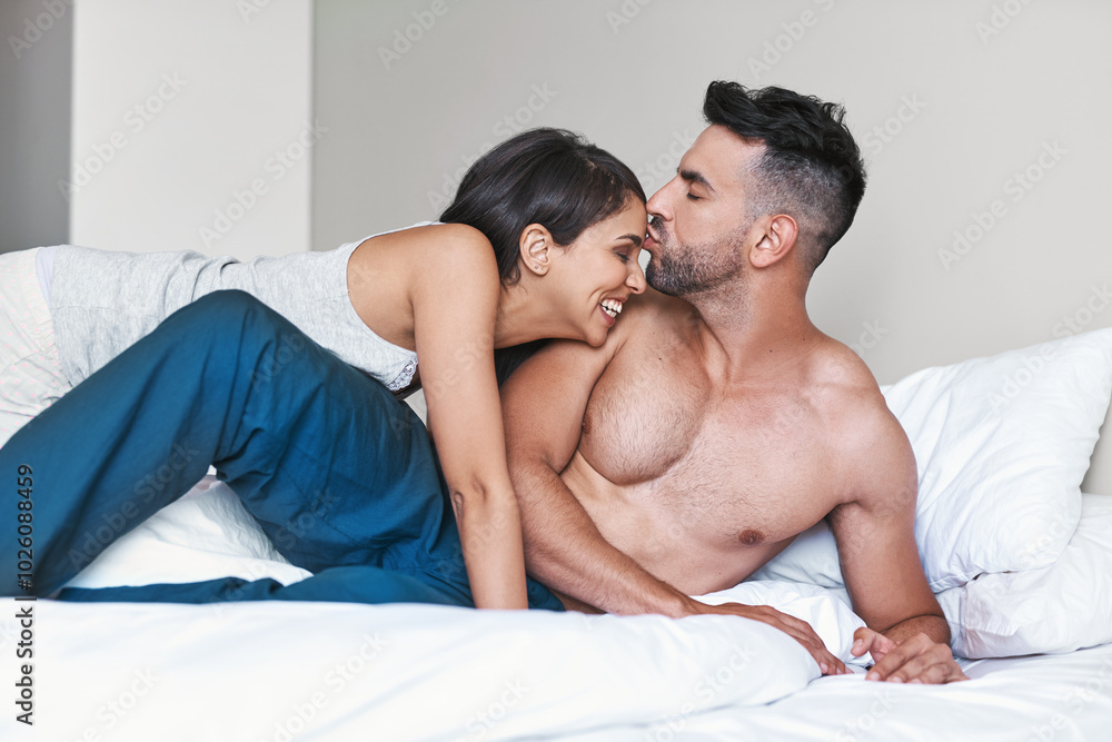 Love, kiss and morning with couple in bedroom for romance, valentines day and marriage. Honeymoon, getaway and happy with man and woman at home or staycation for anniversary retreat and cuddle Love, kiss and morning with couple in bedroom for romance, valentines day and marriage. Honeymoon, getaway and happy with man and woman at home or staycation for anniversary retreat and cuddle