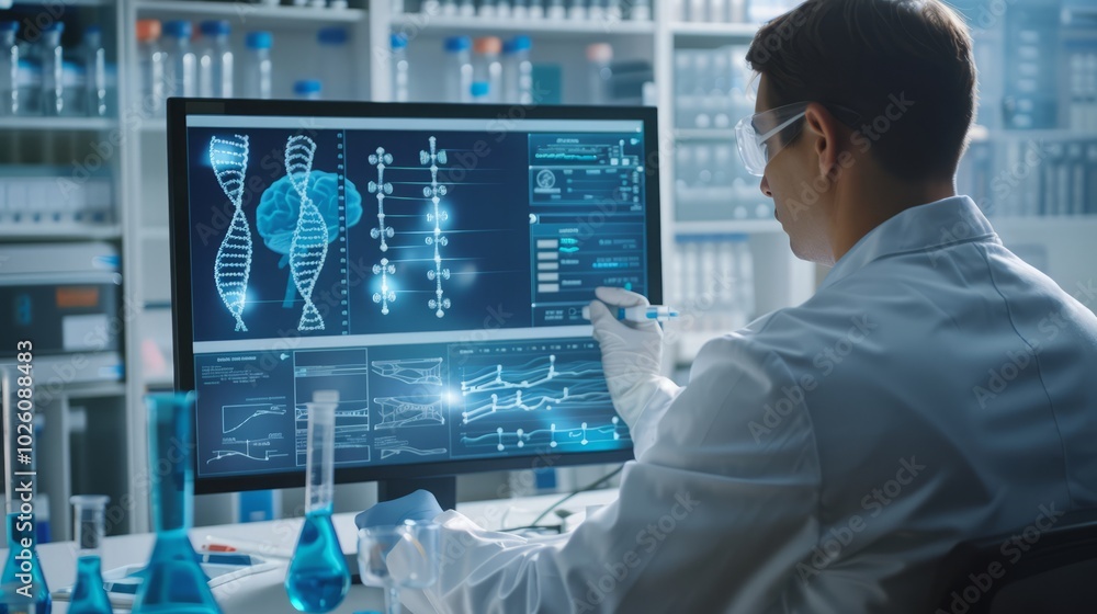 A scientist, electronic screen, examines DNA strands, backgrounds, cancer cells, laboratory, equipment and medical charts, workspace, cancer research, complexity,DNA exploration journey, Technological A scientist, electronic screen, examines DNA strands, backgrounds, cancer cells, laboratory, equipment and medical charts, workspace, cancer research, complexity,DNA exploration journey, Technological