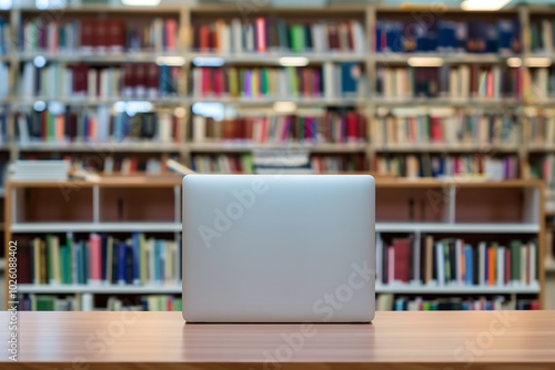 A library desk adorned with books and a laptop, symbolizing the fuzzy backdrop of education technology and e-learning, Generative AI.