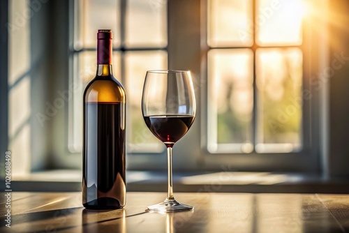 Elegant Still Life of an Empty Wine Glass and Dark Bottle on White Table