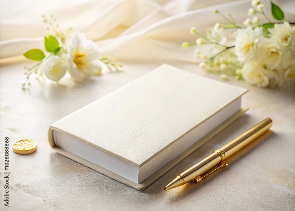 Fototapeta premium Elegant White Gold Book Cover with Luxurious Design for Product Photography