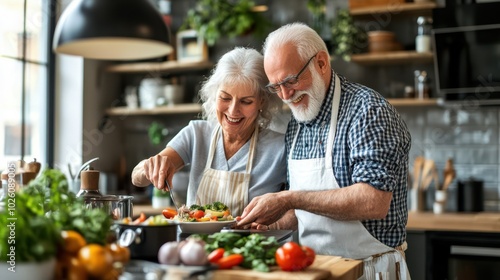 Happy elderly couple preparing delicious and nutritious meals together in a modern kitchen promoting a healthy lifestyle