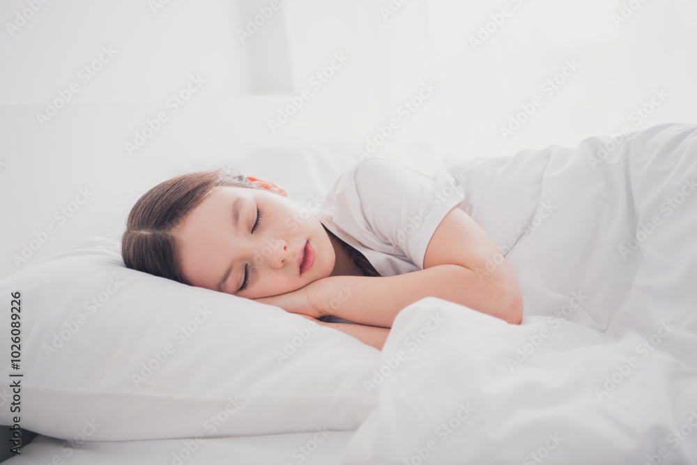 Portrait of adorable pretty girl sleeping enjoying comfort bed sweet dreams white light room interior indoors Portrait of adorable pretty girl sleeping enjoying comfort bed sweet dreams white light room interior indoors