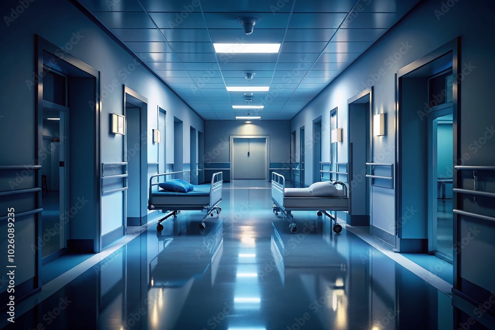 Fototapeta premium Empty Hospital Corridor in Low Light - Ideal for Healthcare Concepts and Dramatic Settings