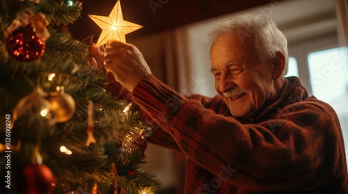 Joyful elderly man carefully placing a shining star atop a beautifully decorated Christmas tree in his cozy living room showcasing holiday joy