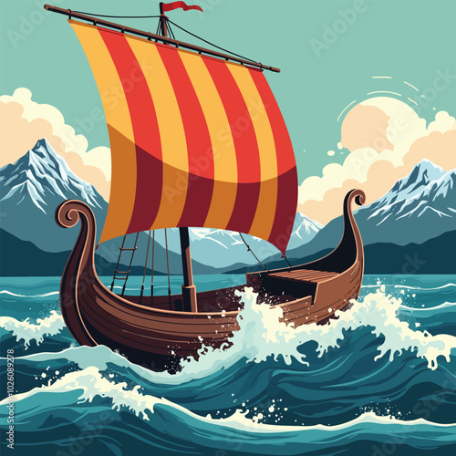 Stylized illustration of a Viking longship battling a stormy sea