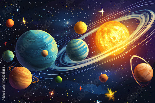 Illustration for Children The Happy Planets in Solar System. Realistic Fantastic Cartoon Style Artwork