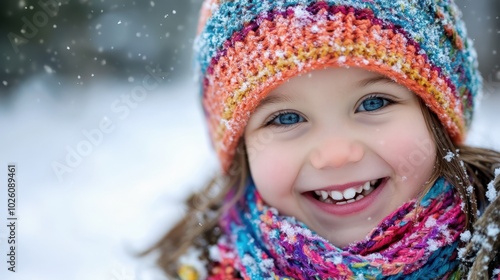 Joyful little girl with bright eyes and missing teeth wearing a colorful knitted hat and scarf in a snowy winter setting capturing childhood joy