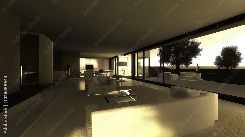 Fototapeta premium Modern Minimalist Living Room with Large Windows